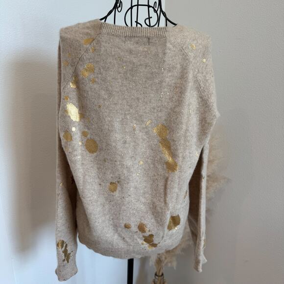 Brodie Fine Cashmere Sweater Size S Beige with Gold Paint Splatter Design - Picture 2 of 9